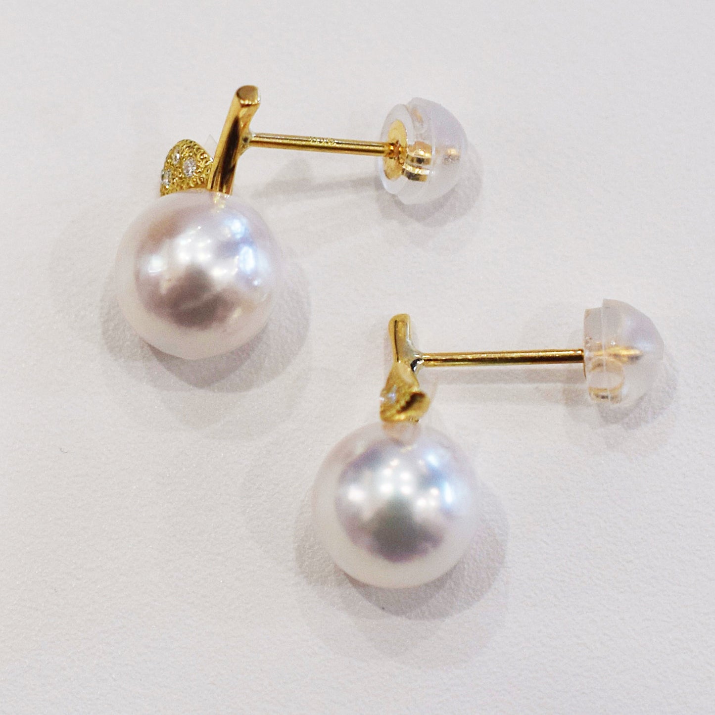 Hanadama rank Whitepink 7.5mm - 8.5mm Earring Diamond 0.02ct Seawater Real Akoya Pearl Japan anniversary Earring K18YG Japanese Wedding Jewelry reenspearl