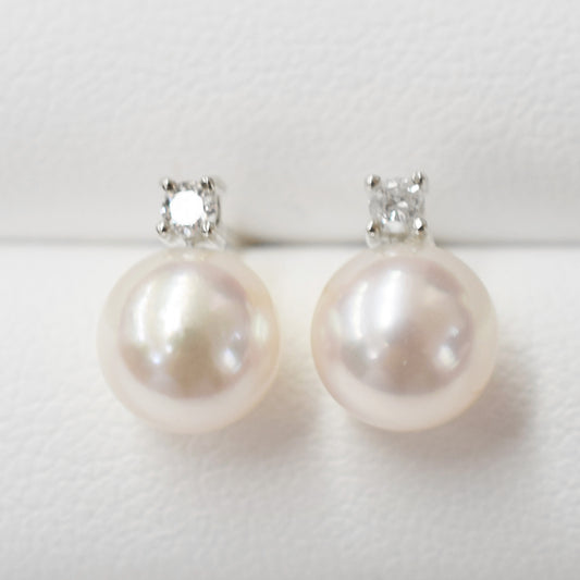 Hanadama rank K18WG 7.5mm - 8.5mm White pink Diamond 0.05ct Earrings Real Akoya Pearl Japan Akoyapearl あこや 真珠 珍珠 日本