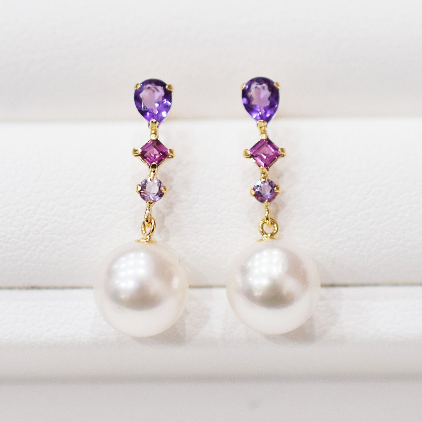 Hanadama rank Whitepink 7.5mm - 8.5mm K18YG Earrings Semi-precious stone Japan Amethyst Rhodolite Garnet 00061