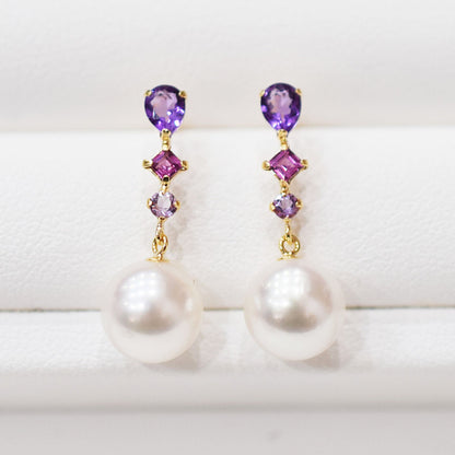 Hanadama rank Whitepink 7.5mm - 8.5mm K18YG Earrings Semi-precious stone Japan Amethyst Rhodolite Garnet 00061