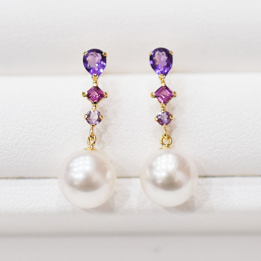 Hanadama rank Whitepink 7.5mm - 8.5mm K18YG Earrings Semi-precious stone Japan Amethyst Rhodolite Garnet 00061