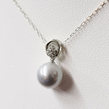 【K18YG / K18WG】Madama rank 9mm - 9.5mm Natural color Seawater Japanese Real akoya Pearl necklace pendant diamond 0.03ct Japan birthday あこや 真珠