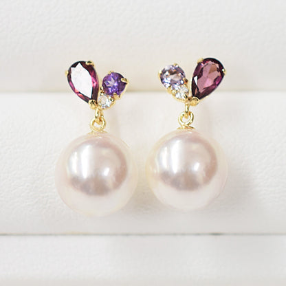 Hanadama rank Whitepink 7.5mm - 8.5mm Earrings Semi-precious stone Japan White topaz Rhodolite Garnet amethyst あこや 真珠