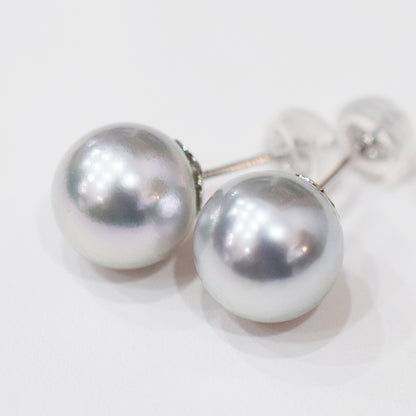 <SALE> Limited to actual item Natural color silver 9mm - 9.5mm Seawater Akoya Pearl Stud Earring 14K Japan Japanese Seawater reenspearl あこや 日本
