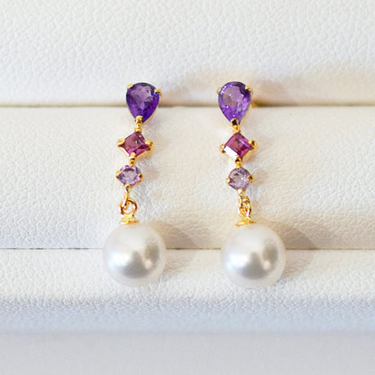 Hanadama rank Whitepink 5.5mm - 6.5mm K18YG Earrings Semi-precious stone Japan Amethyst Rhodolite Garnet