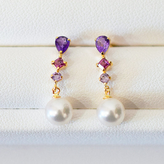 Hanadama rank Whitepink 5.5mm - 6.5mm K18YG Earrings Semi-precious stone Japan Amethyst Rhodolite Garnet