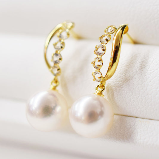 Hanadama rank 7.5mm - 9.5mm Whitepink Studs Earring Real Akoya Pearl Japan Akoyapearl K18YG Semi-precious stone White topaz あこや 珍珠