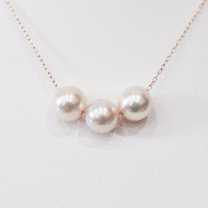 【K10 / K18】Rare White pink 7.5mm - 8.5mm Seawater Real Akoya Pearl 3pc necklace AkoyaPearl Japan あこや 真珠