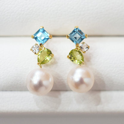 Hanadama rank Whitepink 6mm - 6.5mm K18YG Earrings Semi-precious stone Japan Blue topaz white topaz peridot