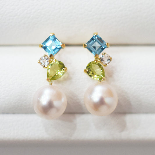 Hanadama rank Whitepink 6mm - 6.5mm K18YG Earrings Semi-precious stone Japan Blue topaz white topaz peridot