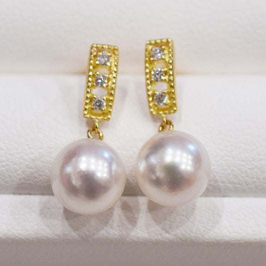 Hanadama rank Whitepink 7.5mm - 8.5mm Earring Diamond 0.03ct Seawater Real Akoya Pearl Japan anniversary K18YG Japanese Wedding あこや 真珠 珍珠