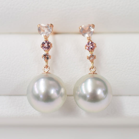 Madama rank 8mm - 8.5mm Natural Sea Real Akoya Pearl Earring Semi-precious stone Japan White topaz Rose Quartz Pink tourmaline あこや 真珠