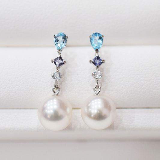 Hanadama rank Whitepink 7.5mm - 8.5mm K14WG Earrings Semi-precious stone Japan Blue topaz Iolite 00041