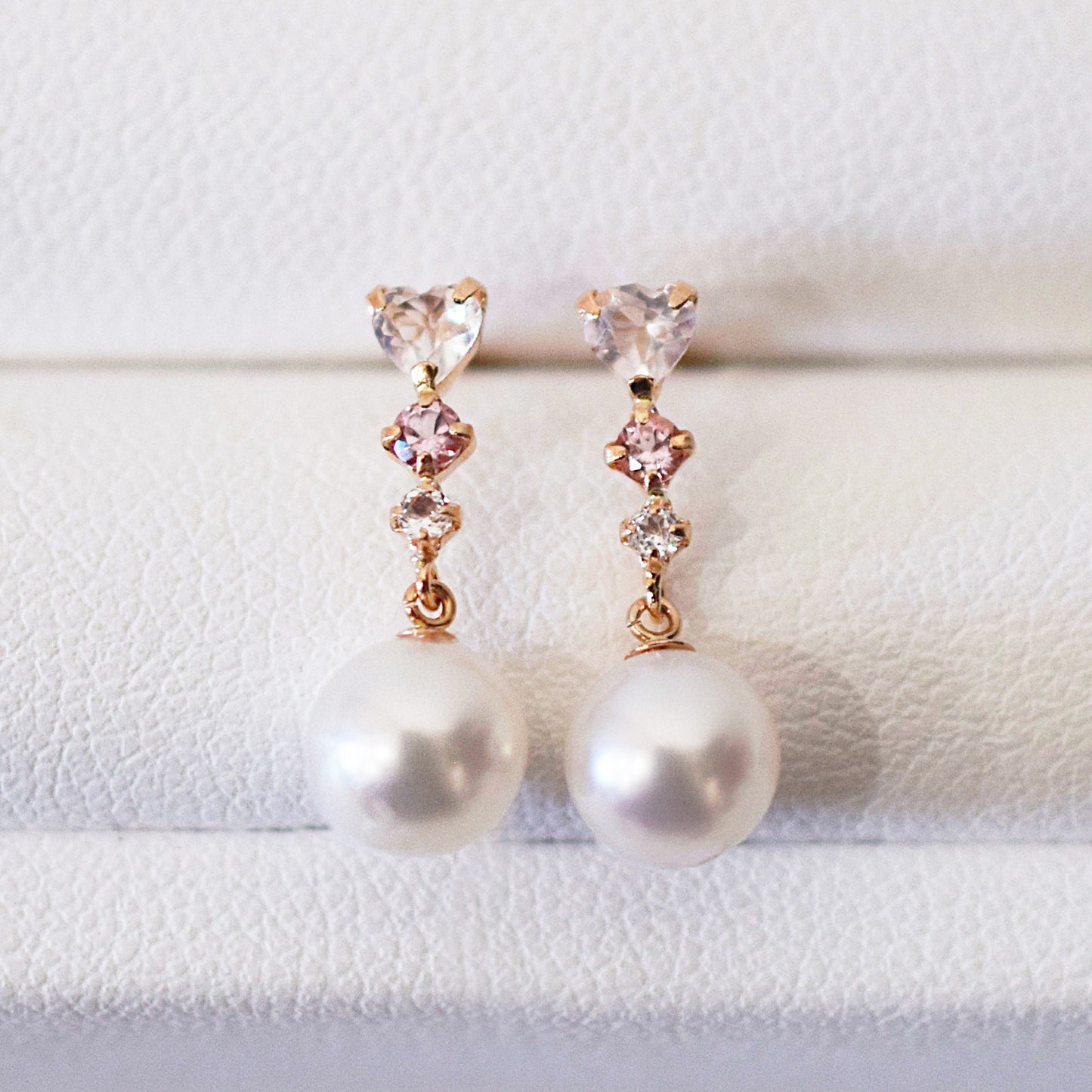 Hanadama rank K18PG 5.5mm - 6.5mm White pink Real Akoya Pearl Earrings Semi-precious stone Japan White topaz Rose Quartz Pink tourmaline