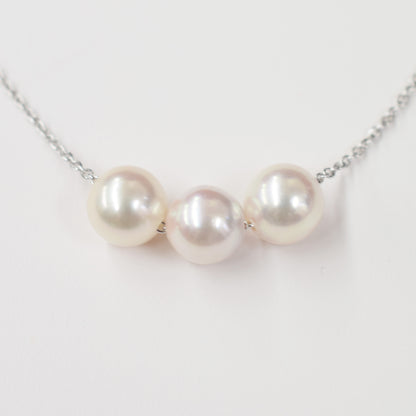 【SV925】Rare White pink 7.5mm - 8.5mm Seawater Real 3pc Akoya Pearl Azuki necklace AkoyaPearl Japan あこや 真珠