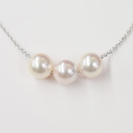 【SV925】Rare White pink 7.5mm - 8.5mm Seawater Real 3pc Akoya Pearl Azuki necklace AkoyaPearl Japan あこや 真珠