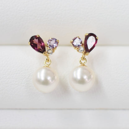 Hanadama rank Whitepink 5.5mm - 6.5mm Earrings Semi-precious stone Japan White topaz Rhodolite Garnet amethyst あこや 真珠