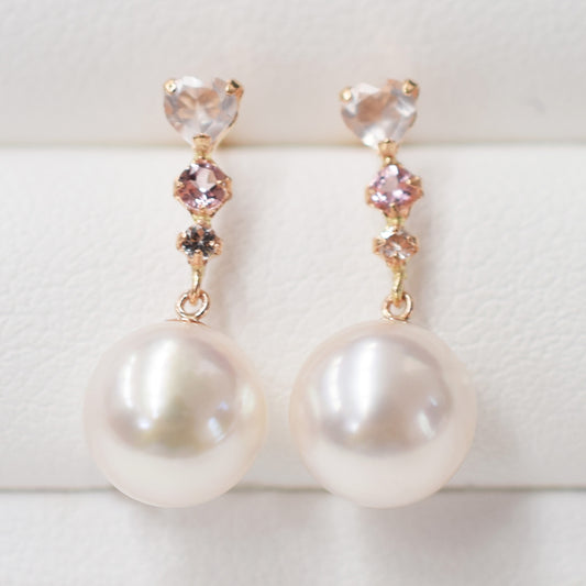Hanadama rank K18PG 7.5mm - 9.5mm White pink Real Akoya Pearl Earrings Semi-precious stone Japan White topaz Rose Quartz Pink tourmaline
