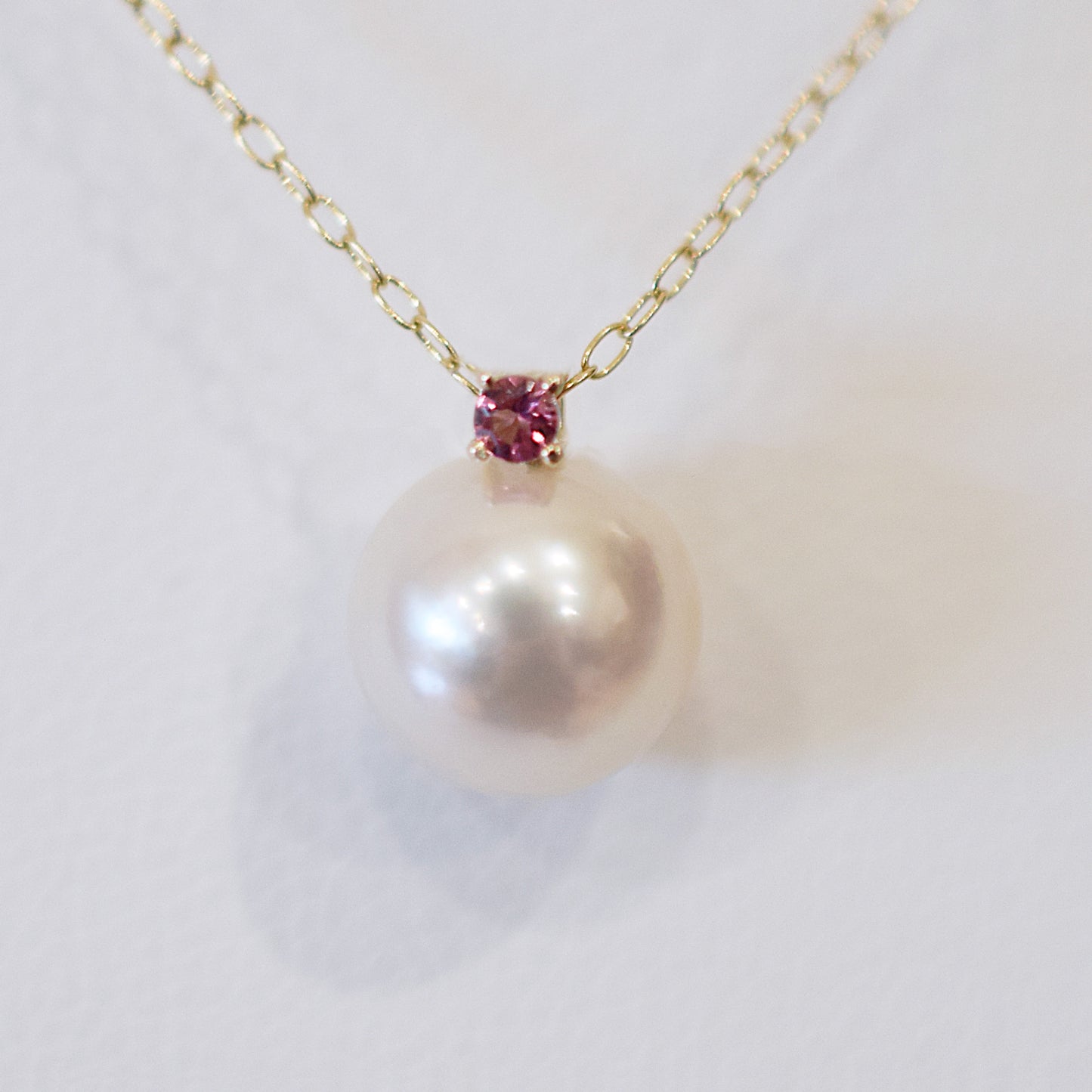 Hanadama rank White pink 8mm - 9.5mm Birthstone Pink tourmaline 10K pendant necklace Akoya Pearl Real Japan Seawater pearl