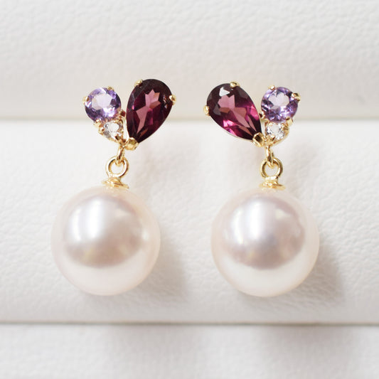 Hanadama rank Whitepink 7.5mm - 8.5mm Earrings Semi-precious stone Japan White topaz Rhodolite Garnet amethyst あこや 真珠