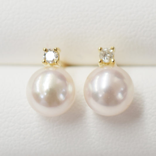 Hanadama rank K18YG 7.5mm - 8.5mm White pink Diamond 0.05ct Earrings Real Akoya Pearl Japan Akoyapearl あこや 真珠 珍珠 日本