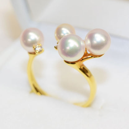 【K18】Rare White pink 5mm & 6mm & 6.5mm Diamond 0.07ct Ring Akoya Pearl From Japan reenspearl Sea Real akoyapearl