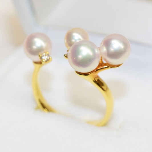 【K18】Rare White pink 5mm & 6mm & 6.5mm Diamond 0.07ct Ring Akoya Pearl From Japan reenspearl Sea Real akoyapearl