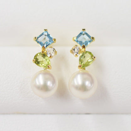 Hanadama rank Whitepink 5.5mm - 6.5mm K18YG Earrings Semi-precious stone Japan Blue topaz white topaz peridot