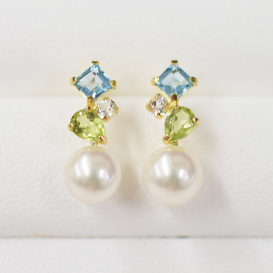 Hanadama rank Whitepink 5.5mm - 6.5mm K18YG Earrings Semi-precious stone Japan Blue topaz white topaz peridot