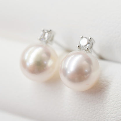 【K18YG / K18WG】Hanadama rank 7.5mm - 8.5mm White pink Diamond 0.05ct Earrings Real Akoya Pearl Japan Akoyapearl あこや 真珠 日本