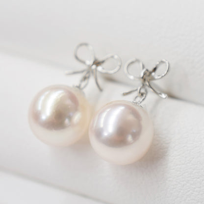 【K18YG / K14WG】Hanadama rank White pink 7.5mm - 8.5mm Sea Real Akoya Pearl Ribon Earring Japan 1pair Japanese reenspearl birthday あこや 真珠