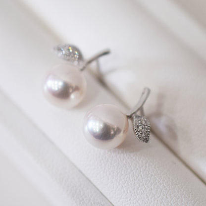 【K18YG / K18WG】Hanadama rank Whitepink 7.5mm - 8.5mm Earring Diamond 0.02ct Seawater Real Akoya Pearl Japan anniversary Earring Japanese Wedding Jewelry reenspearl