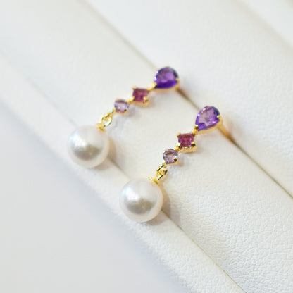 Hanadama rank Whitepink 5.5mm - 6.5mm K18YG Earrings Semi-precious stone Japan Amethyst Rhodolite Garnet