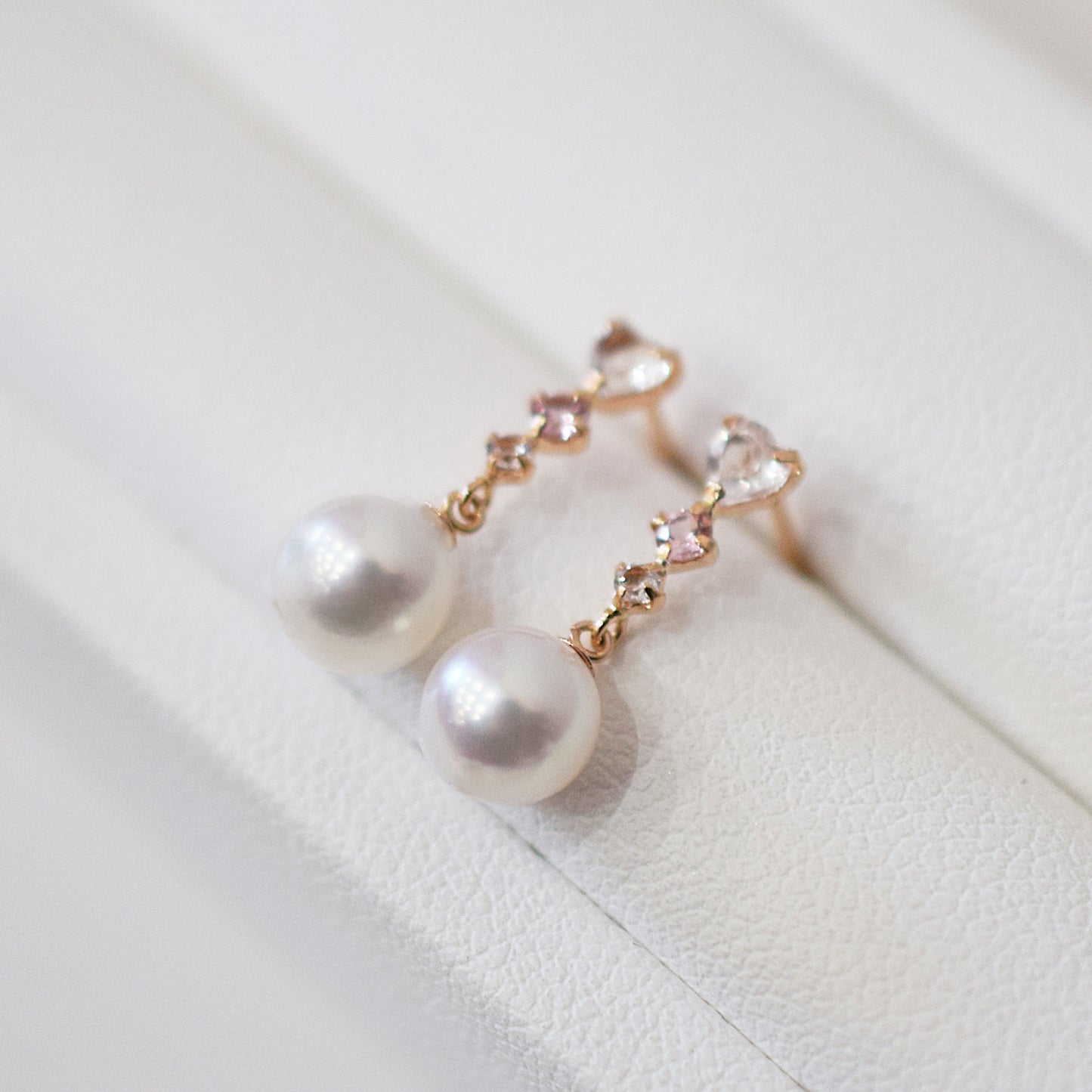 Hanadama rank K18PG 5.5mm - 6.5mm White pink Real Akoya Pearl Earrings Semi-precious stone Japan White topaz Rose Quartz Pink tourmaline