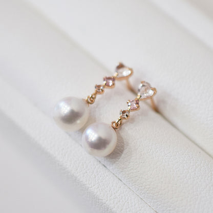 Hanadama rank K18PG 5.5mm - 6.5mm White pink Real Akoya Pearl Earrings Semi-precious stone Japan White topaz Rose Quartz Pink tourmaline