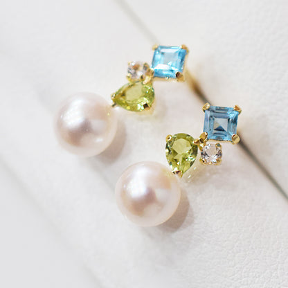 Hanadama rank Whitepink 6mm - 6.5mm K18YG Earrings Semi-precious stone Japan Blue topaz white topaz peridot