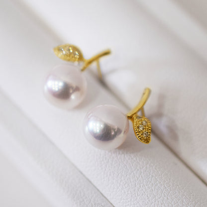 【K18YG / K18WG】Hanadama rank Whitepink 7.5mm - 8.5mm Earring Diamond 0.02ct Seawater Real Akoya Pearl Japan anniversary Earring Japanese Wedding Jewelry reenspearl