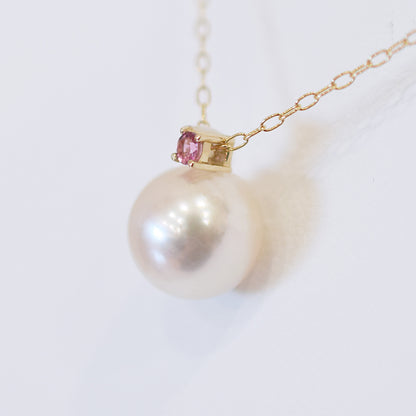 Hanadama rank White pink 8mm - 9.5mm Birthstone Pink tourmaline 10K pendant necklace Akoya Pearl Real Japan Seawater pearl