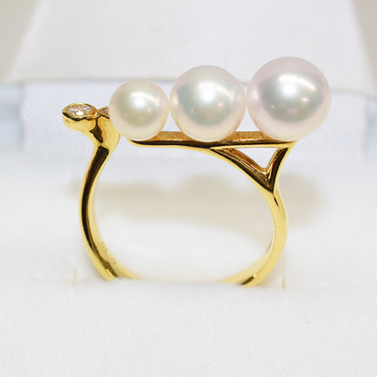 【K18】White pink 5mm & 6mm & 7mm Diamond 0.08ct Ring Akoya Pearl From Japan reenspearl Sea Real akoyapearl