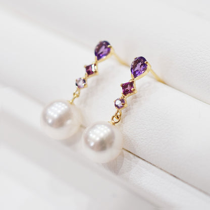Hanadama rank Whitepink 7.5mm - 8.5mm K18YG Earrings Semi-precious stone Japan Amethyst Rhodolite Garnet 00061