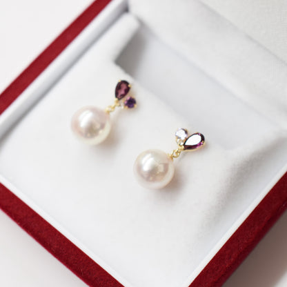 Hanadama rank Whitepink 7.5mm - 8.5mm Earrings Semi-precious stone Japan White topaz Rhodolite Garnet amethyst あこや 真珠