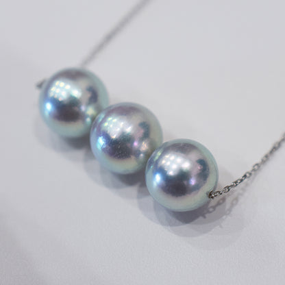 <SALE> Limited to actual item Rare Natural color blue 8.5 - 9mm akoya pearl 3pc necklace 18K Real Japan reenspearl Japanese Seawater