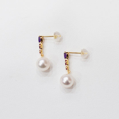 Hanadama rank Whitepink 7.5mm - 8.5mm K18YG Earrings Semi-precious stone Japan Amethyst Rhodolite Garnet 00061