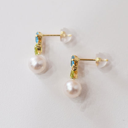 Hanadama rank Whitepink 6mm - 6.5mm K18YG Earrings Semi-precious stone Japan Blue topaz white topaz peridot
