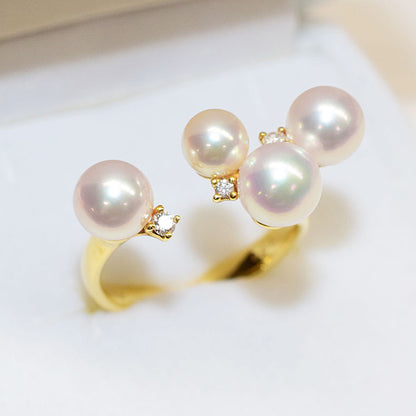 【K18】Rare White pink 5mm & 6mm & 6.5mm Diamond 0.07ct Ring Akoya Pearl From Japan reenspearl Sea Real akoyapearl