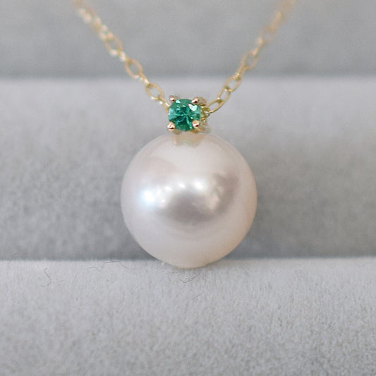 Hanadama rank White pink 8mm - 9.5mm Birthstone Emerald 10K pendant necklace Akoya Pearl Real Japan Seawater pearl