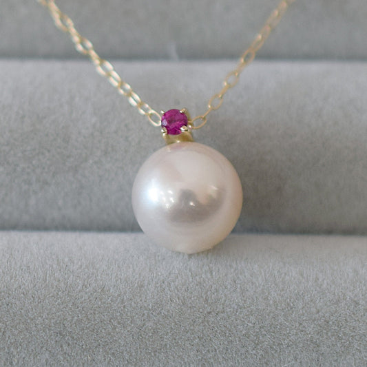 Hanadama rank White pink 8mm - 9.5mm Birthstone Ruby 10K pendant necklace Akoya Pearl Real Japan Seawater pearl