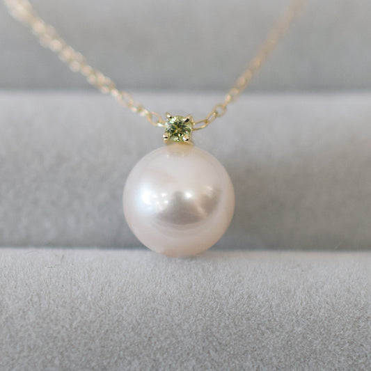 Hanadama rank White pink 8mm - 9.5mm Birthstone Peridot 10K pendant necklace Akoya Pearl Real Japan Seawater pearl