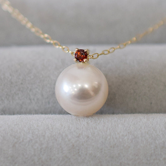 Hanadama rank White pink 8mm - 9.5mm Birthstone Garnet 10K pendant necklace Akoya Pearl Real Japan Seawater pearl