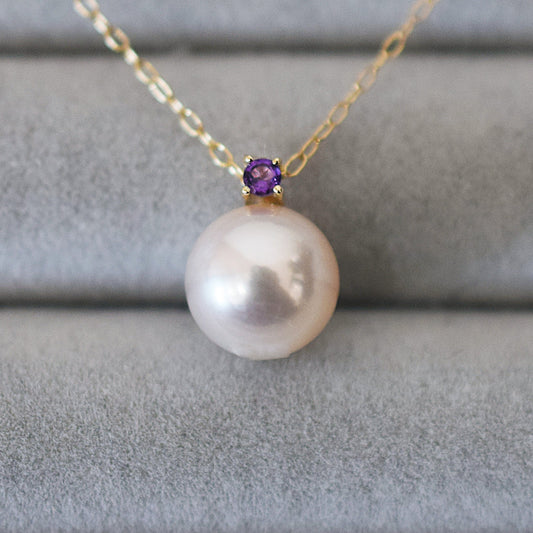 Hanadama rank White pink 8mm - 9.5mm Birthstone Amethyst 10K pendant necklace Akoya Pearl Real Japan Seawater pearl